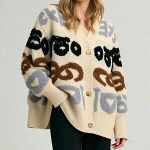 DOODLE CARDIGAN BEIGE TERRY SQUIGGLE DESIGN OVERSIZE FIT LARGE